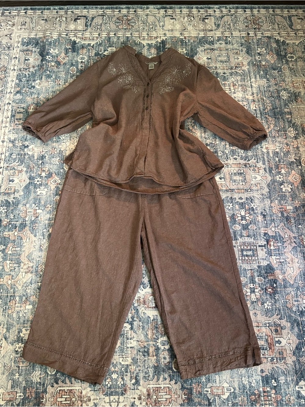VTG I.B. Diffusion Linen Blend 2pc Cropped Set Embroidered Boho Brown Size 2X
